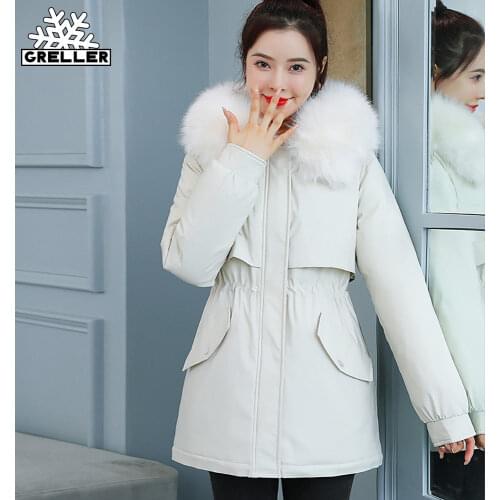 GRELLER 2021 New Winter Jacket Womens Parkas Hooded Coat Casual Short Fur Lining Cotton Padded Warm Female Jacket Coat Outwear
