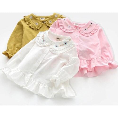 New Toddler Girl Shirts Baby Girls Flower Embroidery Collar Blouses Long Sleeve Ruffle Tops Kids Children Cotton Clothes Outwear