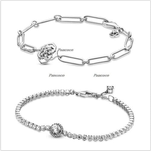 Authentic 925 Sterling Silver Timeless Sparkling Halo Tennis Bracelet Bangle Fit Bead Charm Diy Pandora Jewelry