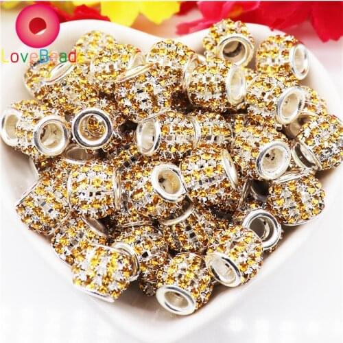 10Pcs Gold Color Crystal Rhinestone Round Rondelle Spacer Beads Charms Fit Pandora Bracelet Keychain Pendants DIY Chain Jewelry