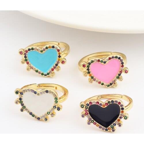 Candy Color Enamel Rainbow CZ Opening Rings For Women,Multicolor 18K Gold Plated Eternity Wed Engage Finger Band Heart Ring