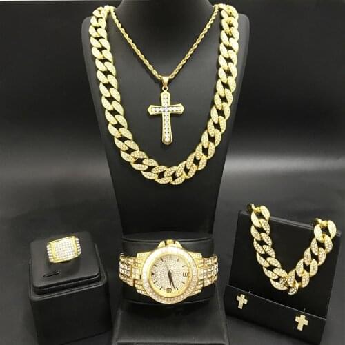 Luxury Men Gold Color Watch & Neckalce & Braclete & Ring & Earrings Combo Watch Set In Crystal Ice Out Cuban Necklace Chain