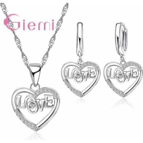 Cute Girls Bijoux Gifts Full Love 925 Sterling Silver Hollow Heart Earrings Necklace Jewelry Sets Wholesale Price
