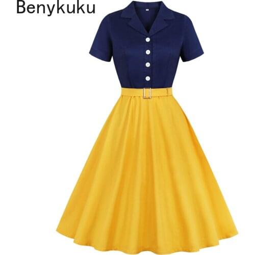 Navy Blue and Yellow Two Tone Button Up Cotton Elegant Dress Women Belted Rockabilly Vintage Plus Size Midi Dress Woman Clothes