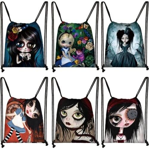 Gothic Cartoon Girl Drawstring Bag Women Casual Backpack Girl Shoulder Bags For Travel Ladies Portable Storage Bag Shoes Holder