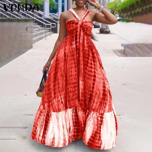 Vintage Printed Dress VONDA Summer Sexy Sleeveless Baggy Bow Pleated Long Maxi Dresses Femme Women Ruffled Hem Long Robe S