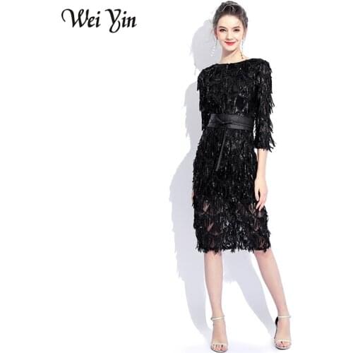 WEIYIN Black O-neck Long Sleeves Cocktail Party Dress Sheath Sequin Knee Length Elegant Lace Dress Formal Party Dress WEIYIN4818