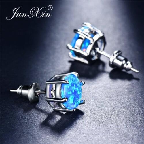 Boho Female Blue Fire Opal Stone Earrings Fashion Silver Color Jewelry Vintage Round Wedding Earrings For Women