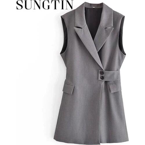 Sungtin High Quality Office Lady Woman Vests Belt Casual Long Blazer Waistcoat Spring Autumn Korean Fashion Sleeveless Outwear