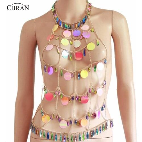 Chran Sexy Mesh Full Body Chain Halter Necklace Burning Man Rave Outfit Sequin Chain Bralette Festival Dance Wear Jewelry