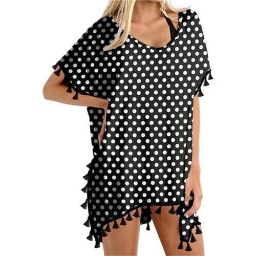 Women Bikini Cover-Ups Polka Dot Print Tassels Dress Swim Summer Beach Bathing Swimsuit Baggy Tunic Tops Swimwear Pareo Cover Up