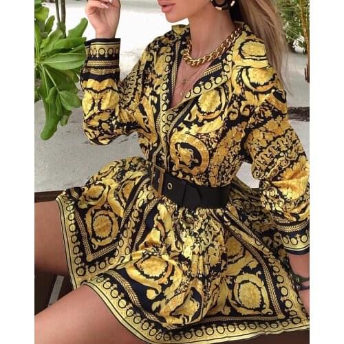 Vintage Women Printed Shirt Dress Fashion Lady Long Sleeve Turn-down Collar Swing Dress Female Party A-Line Spring Fall Dress