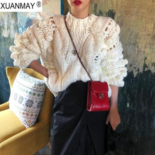 Winter High Street women White sweater Korean version of the needle hand-woven sweater Coarse lines ultra-thick Black sweater