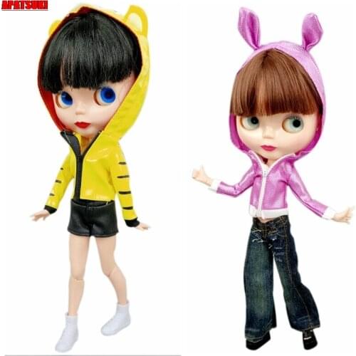 2pcs/lot Rabbit Ear Tiger Cat Hoodie Zipper Jacket Coat For Blythe Doll Clothes Cosplay Costume 1/6 Doll Accessories Kids Toys
