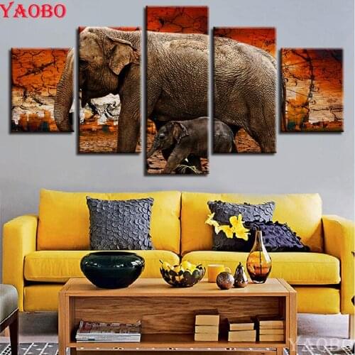 Diamond Embroidery 5 Pieces Animals Elephants And Its Baby Scenery 5D DIY Full Square Mosaic Diamond Painting Cross Stitch Kit
