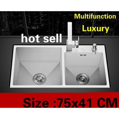 Free shipping Apartment kitchen manual sink double groove multifunction do the dishes hot sell 304 stainless steel 75x41 CM