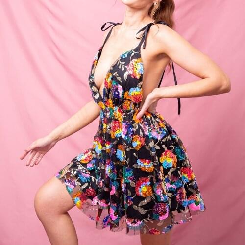 Shiny Floral Black Lace Up Backless Sequin Mini Dress Slip Deep V Neck Halter Women Beach Tulle Sundresses Summer Party 2021 New