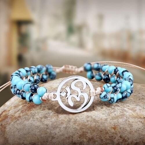Reiki OM Mala Beaded Bracelet Tree of Life Natural Stone Turquoises String Braided Bracelets Healing Bangles Meditation Jewelry