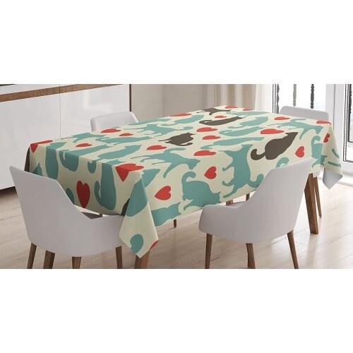 Pattern with Cats Hearts Happy Walking Shape Kitty Domestic Animal Pets, Dining Room Kitchen Rectangular Table Cover