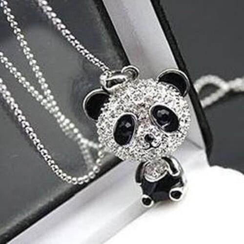 Classical Womens Rhinestone Moving Head Panda Pendant Sweater Chain Necklace for Women Charm Necklace Jewelry
