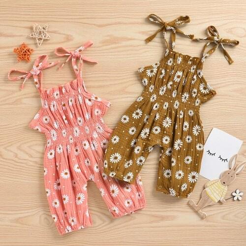 Daisy Floral Printing Romper Toddler Baby Girl Jumpsuit Ruched Suspender Rompers Backless Sleeveless Summer Jumpsuits Clothing