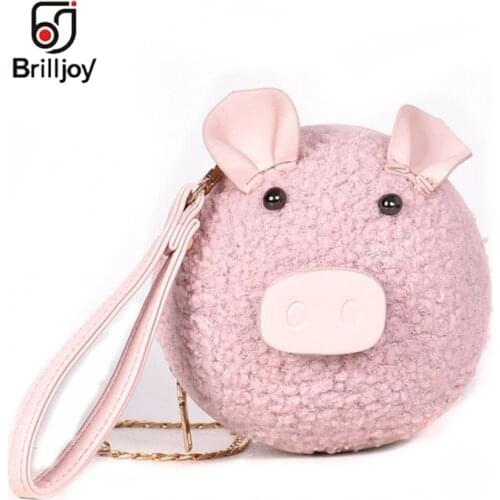 Brilljoy New Harajuku Cute Mini 3D Pig Design Girl Plush Shoulder Messenger Bag Pig Handbags Purse For Women Chain Crossbody Bag