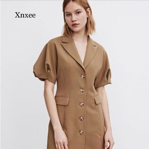 2021 New Puff Sleeve Mini Dress Summer Single Breasted Shirt Dress Solid Color Elegant Slim Dresses Chic Streetwear Vestidos