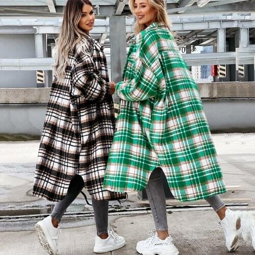 Fashion Long Sleeve Thick Plaid Wool Coat Women 2021 Autumn Winter Warm Casual Long Coats And Jacket Oversize Woolen Windbreaker