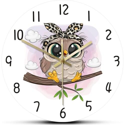 Cartoon Owl Wall Clock Digital Art Print Painting Owl Bird Animal Wall Art Home Decor Kids Living Room Clock Silent Non-ticking