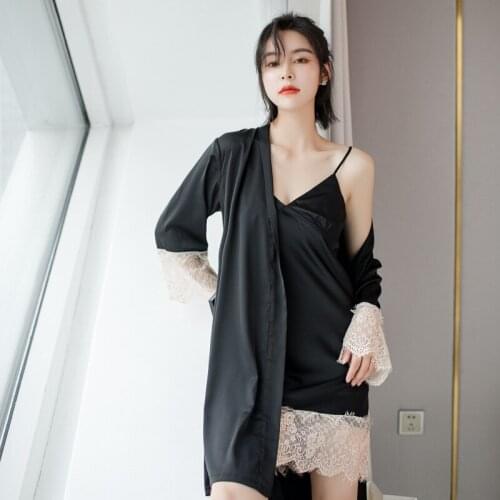 Strap Top Nightdress Women Lingerie Pajamas Set V-Neck Sexy Lace Trim 2PCS Kimono Bathrobe Sleepshirt Lounge Summer Home Clothes