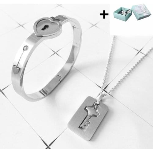 A Couple Lovers Jewelry Love Heart Lock Bracelet Stainless Steel Bracelets Bangles Key Pendant Necklace Jewelry With Gift Box