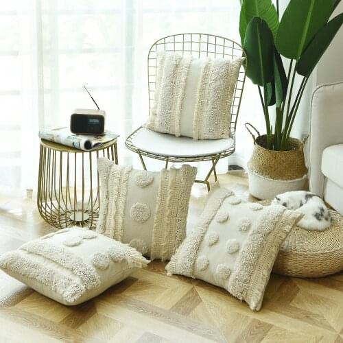 Luxury Handmade Cushion Cover Ivory Pillow Case Tufted Plush with Tassels For Sofa Couch Home Decorative Linen 45*45cm