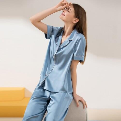 Silk Pajamas Ms Summer Long Sleeve Two-Piece Outfit Mulberry Silk Thin Silk Cool Feeling Delicate Women Clothing