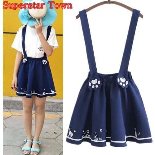 Women Skirt With suspenders Kawaii Lolita Cat Suspender Skirt Summer Harajuku Mori Girl Sweet Female A Line Skirts Vestidos saia