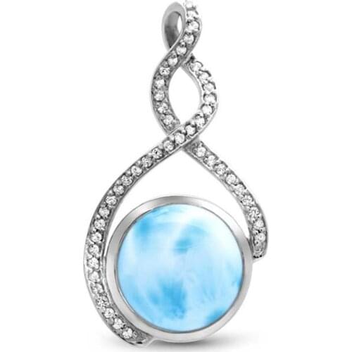 Fine Jewelry 925 Sterling Silver Jewelry Natural Dominica Larimar Round Pendant Necklace For Women Gift