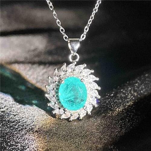 Big Oval Green Crystal Pendant Necklace Dainty White Zircon Flower Stone Necklaces For Women Fashion Silver Color Chain Necklace