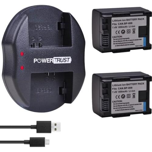 2Pcs 850mAh BP-808 BP808 li-ion Battery and Dual USB Charger for Canon FS406 HFM400 HF100 M300 S100 S200 FS36 FS37 HF200 HFS11