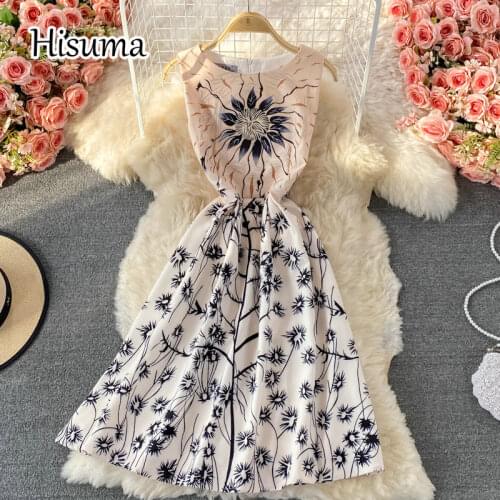 2021 summer new womens chic O-neck sleeveless print chiffon A-line dresses female retro Elegant waist party dress