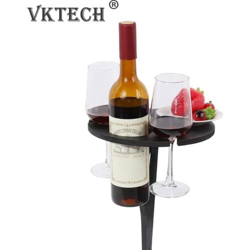 Mini Wooden Round Portable Foldable Outdoor Picnic Snack Wine Table with Wine Glass Rack Bottle Holder Easy Carry Desk Furniture