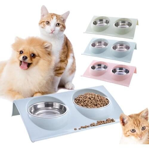 Stainless Steel Double Pet Bowls Dog Cat Twins Food Water Dishes Feeding Station Cute Feeders Cat Supplies Raised Bowl Non-Spill