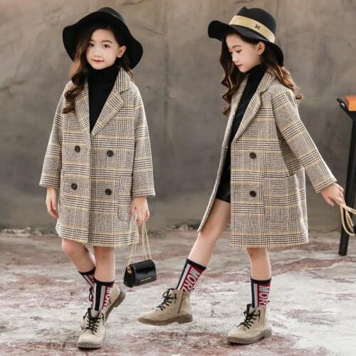 Girls Double Breasted Plaid Woolen Coat Childrens Outerwear Clothes Teenager Kids Casual Long Woollen Jacket Trench Coat P162