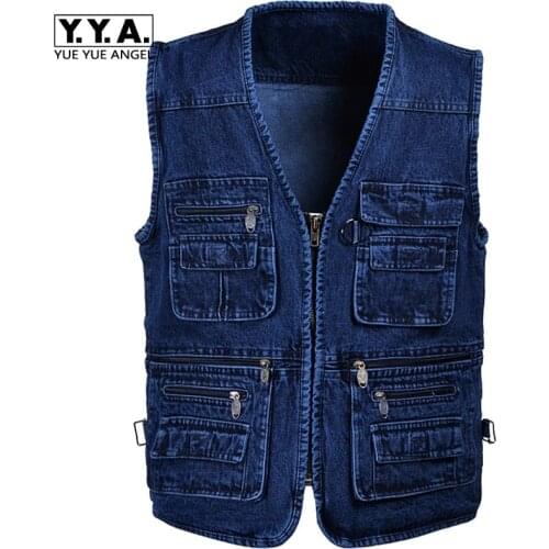 Spring Man 5XL Denim Vest Male Plus Size Vest Jeans Men Multi Pocket Photography Vest Mens Denim Vest Sleeveless Jacket Colete