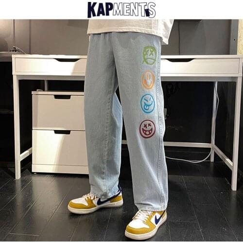KAPMENTS Men Smile Printed Graphic Baggy Jeans 2021 Spring Mens Streetwear Cargo Pants Black Denim Joggers Male Vintage Trousers