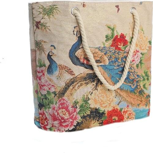 Ethnic Canvas Shoulder Bag High Capacity Xishuangbanna Tourist Souvenir Double-sided Embroidery Peacock Shopping Bags Handbags