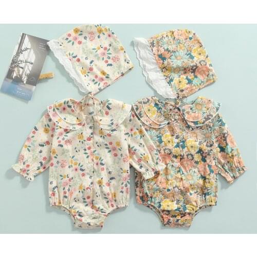 FOCUSNORM 2pcs Autumn Baby Girls Lovely Romper Hats 0-18M Flowers Printed Ruffles Peter Pan Collar Long Sleeve Jumpsuits