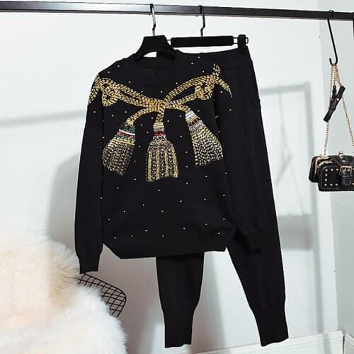 Korean Fashion Black Beading Knit Tracksuits Set Women Loose Casual Long Sleeve Sweater Pencil Pants Outfits Female Streetwear