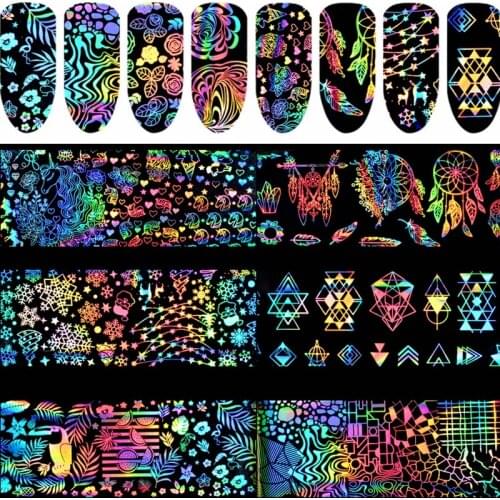 8 sheets Laser Nail Foils Holo Colorful Feather Snow Flower tattoo full Cover Transfer Nail Art Sticker Glue Decals DIY tips set