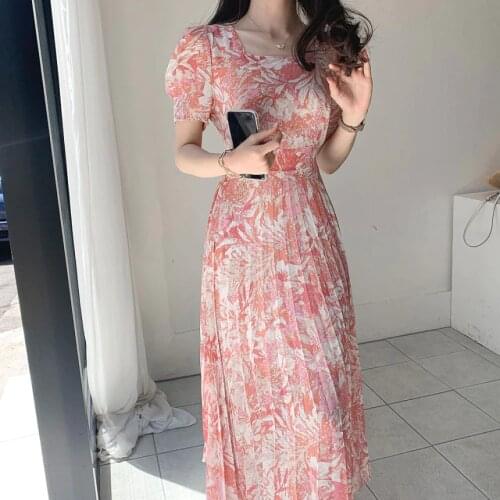 Summer WomenS Printed Chiffon Long Elegant Dress Korean Version Y2k Fashion Square Neck Tie Pleated Short-Sleeved Dress Woman