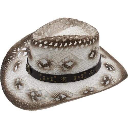 Fashion Men Western Cowboy Hat With Punk Band Handmade Weave Gentleman Beach Sun Sombrero Hat Size 58CM A0073