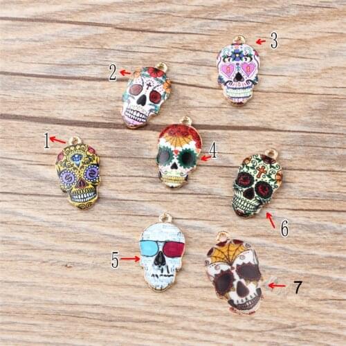 10pcs/lot Fashion Skull Enamel Charms Halloween Printing Alloy Pendant Handmade Earring Bracelet Necklace Jewelry Making YZ113